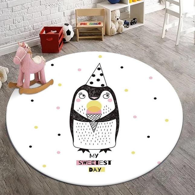 Rundt barneromsteppe med festlig pingvin