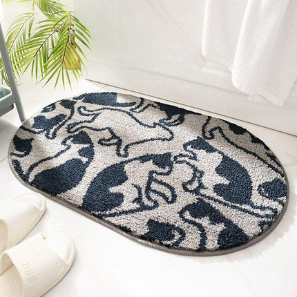 Grå oval badematte med kattemotiv