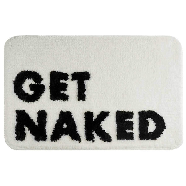 Hvit badematte med 'Get Naked' tekst