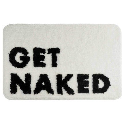 Hvit badematte med 'Get Naked' tekst