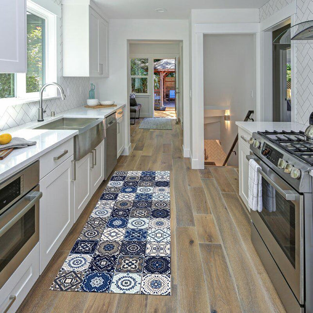 Blå kjøkkenmatte med sementflismønster
