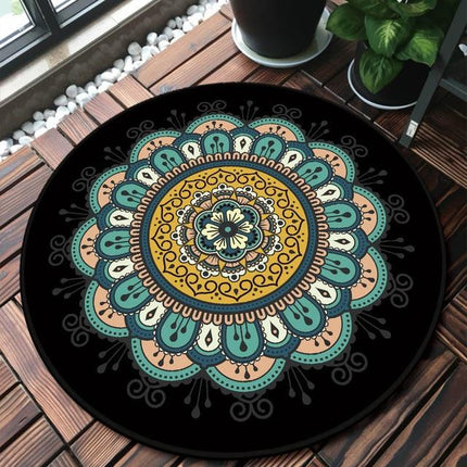 Rundt gulvteppe med blomstermandala design