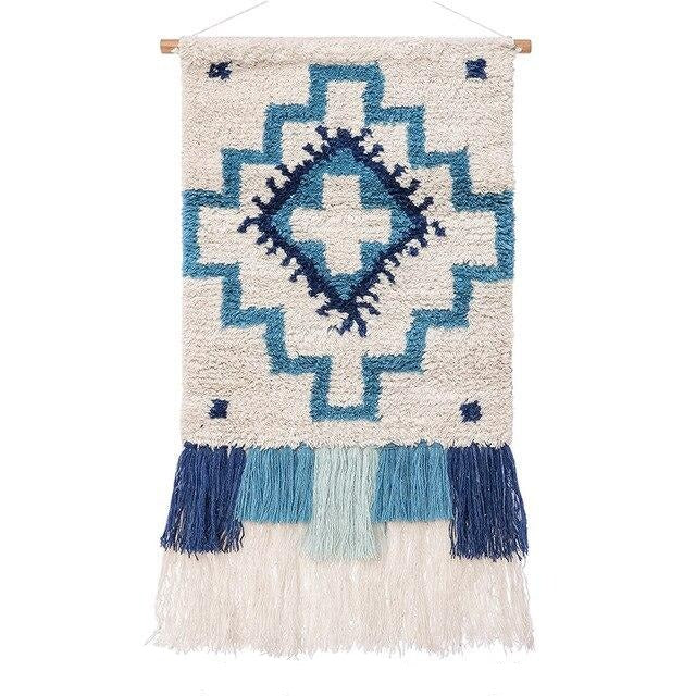 Geometrisk veggrye i turkis og hvitt