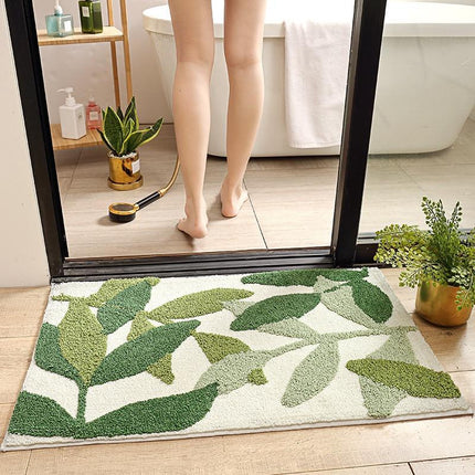 Badematte med grønt bladmønster, naturdesign